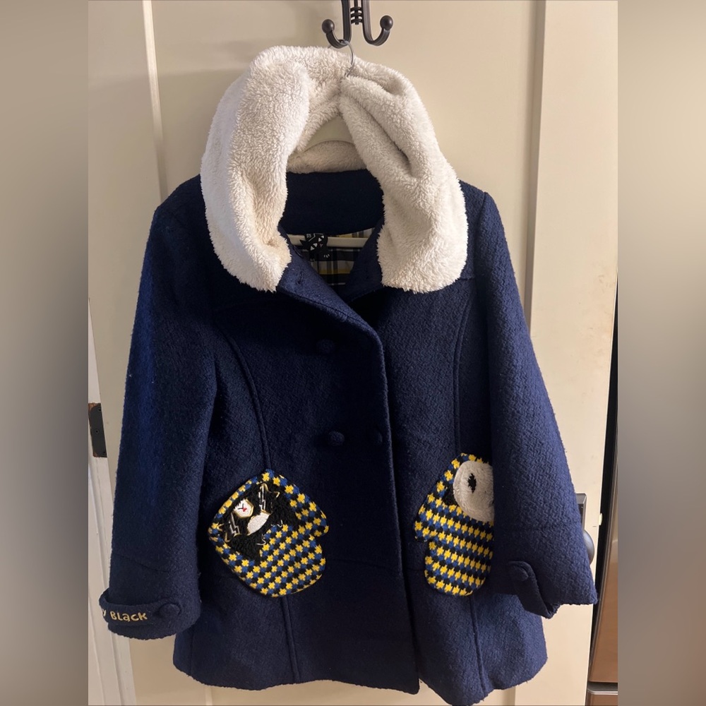 Azona A02 W Pocket “Toby Cat” Navy Hooded Wool Blend Coat w/ Button Closure - L